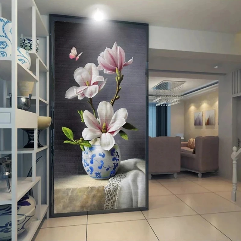 Custom Mural Chinese Oil Painting 3D Vase Magnolia Flower Butterfly Entrance Corridor Wallpaper Living room background Hotel 8d