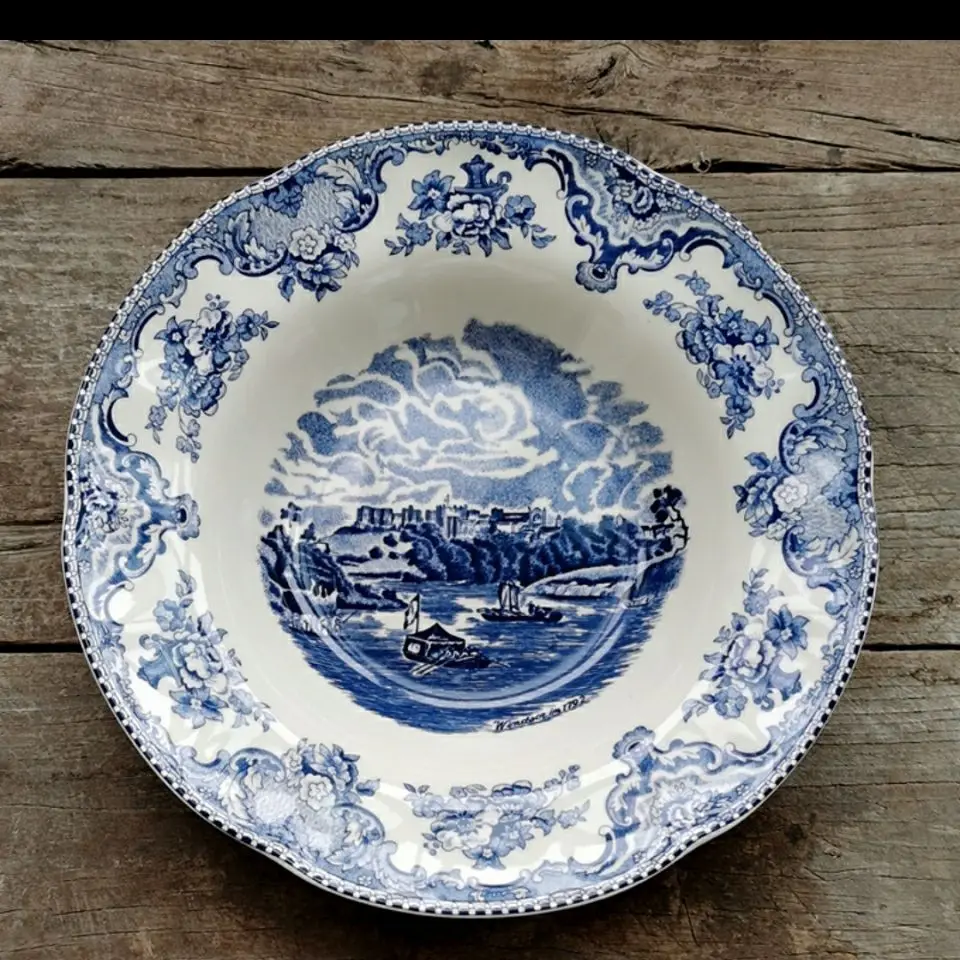 Ceramic Vintage European Blue Castle Steak  Flat  Soup Plate Bread Plate