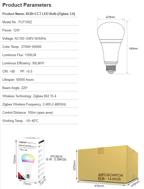 Miboxer Zigbee RGB+CCT LED Bulb Light 4W/6W/12W GU10 E27 Smart Dimmable Spotlight Lamp FUT089Z RF Remote WIFI ZB-Box2 ZB-Box3