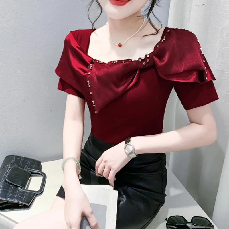 

Sweet Bowknot Patchwork Cotton T-Shirt Clothes For Women's Elegant Square Neck Luxury Diamonds Short Sleeve Tees Tops Summer