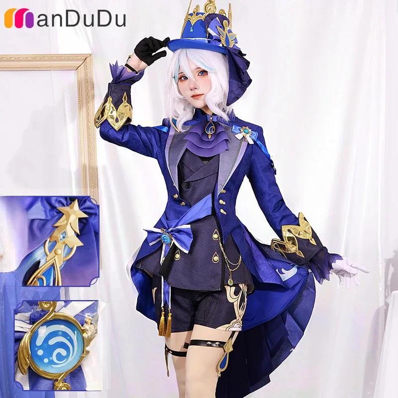 أسود Furina de Fontaine Focalors تأثيري حلي Genshin تأثير لعبة لعب الأدوار الباروكات كوميك كون المهنية ثلاثية الأبعاد الرسوم المتحركة الدعامة