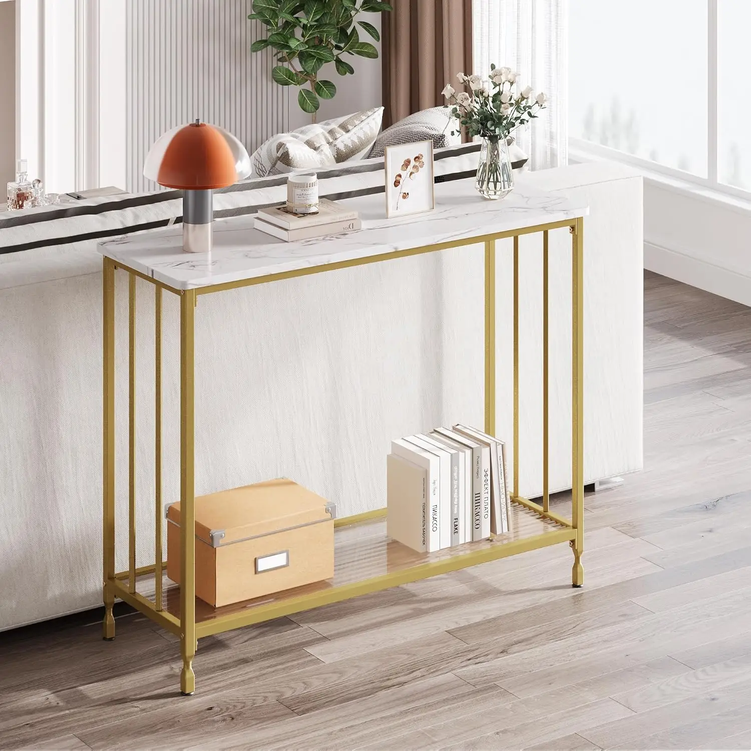 Mesa Consola Estrecha de 31.3 Pulgadas, Mesa Consola de Entrada de 2 Niveles, Mesa Pequeña para Entrada con Estante de Vidrio y Estructura Metálica, Mesa Consola Estrecha
