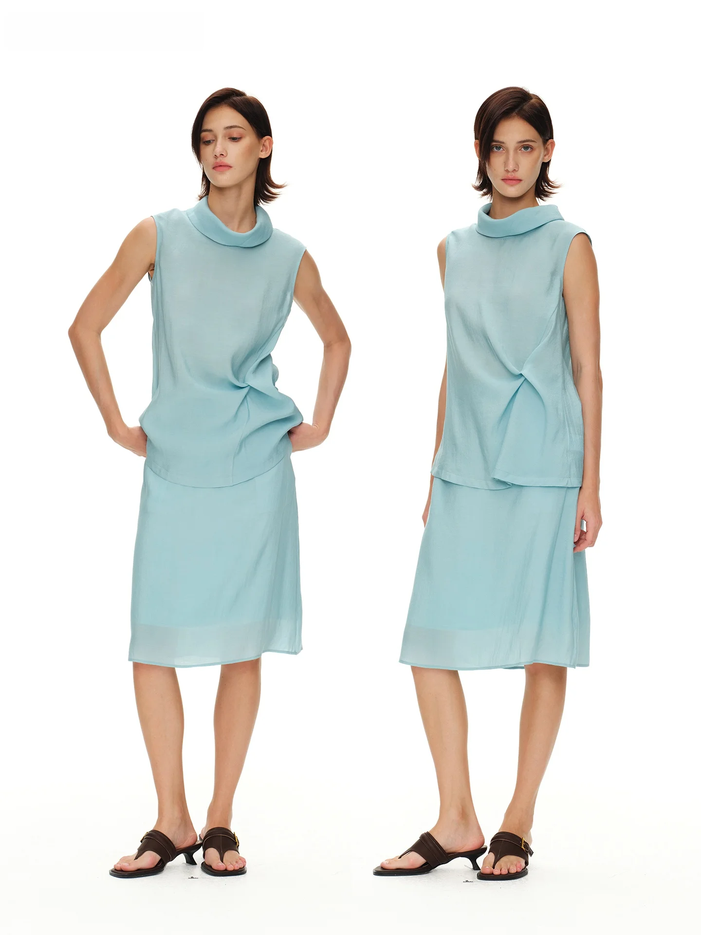 

Non Restrained Silk Twist Waistless Sleeveless Shirt Top Women's High-End Feeling Lyocell Half Skirt Set French Style Casual ...