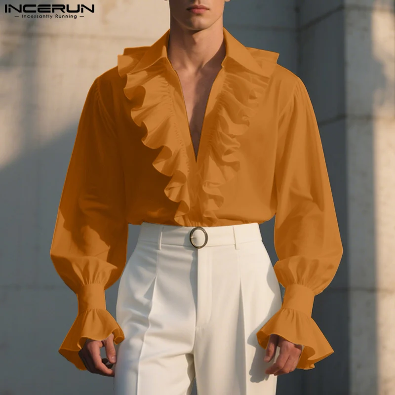 

INCERUN Men Shirt Solid Color Pleated Lapel Long Sleeve Loose Men Clothing Streetwear 2025 Elegant Ruffle Male Shirts Camisas