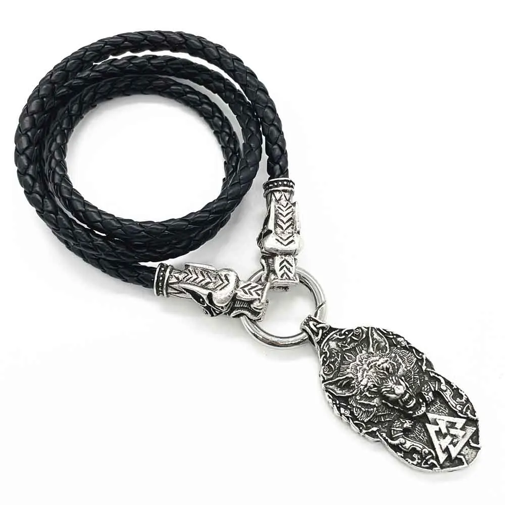 

Wolf Protect Me Viking Valknut Symbol Pendant Wolf Heads Punk Leather Chain Mens Necklaces Talisman Amulet Pagan Jewelry