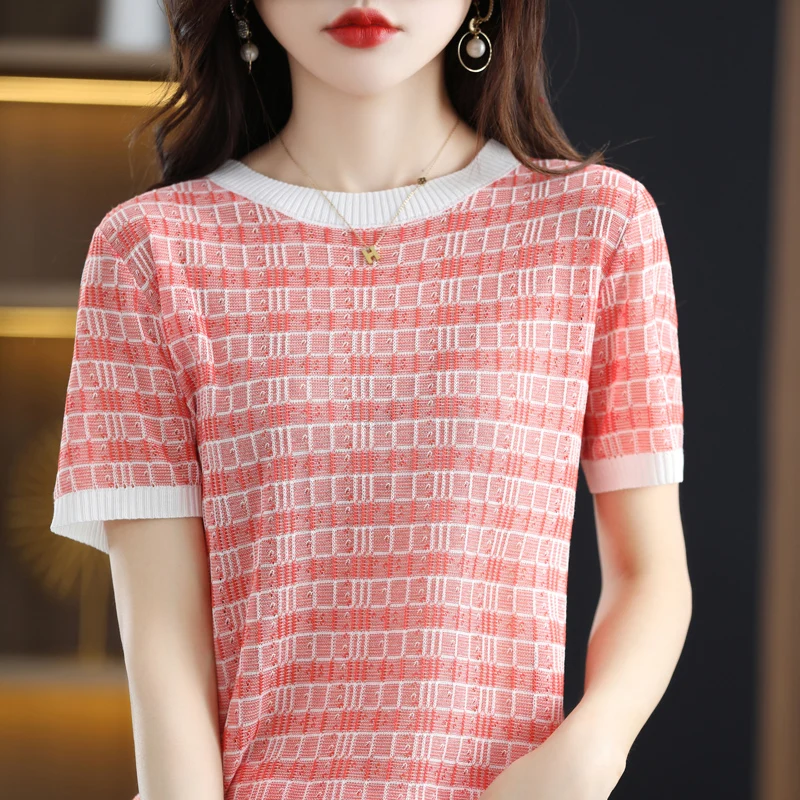 new Ice silk knit short sleeve women's matching color blouse thin cotton thread T shirt summer loose cotton linen half sleeve