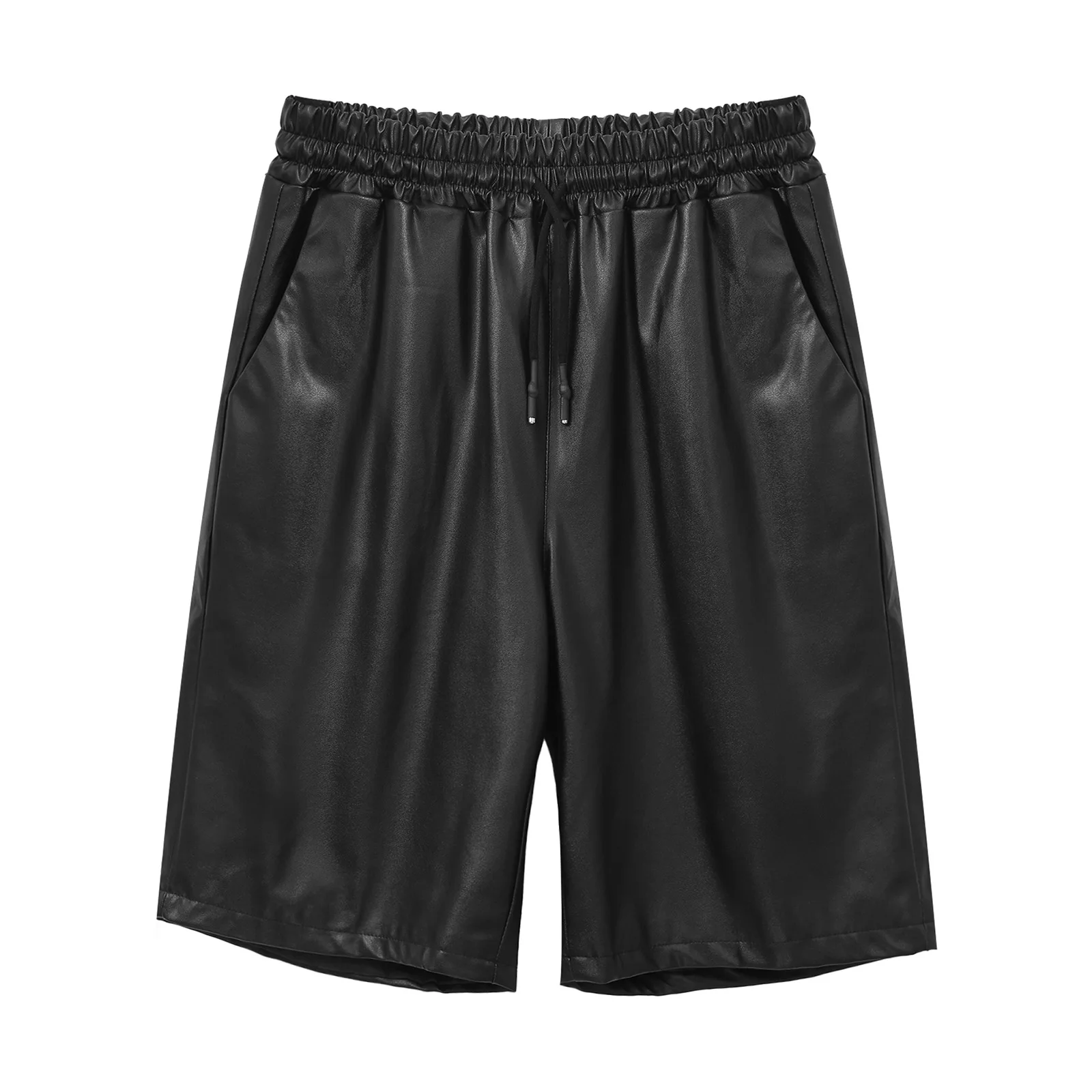 Calças masculinas na altura do joelho clubwear couro do plutônio calções de natação trunck cintura elástica larga cordão perna reta praia shorts