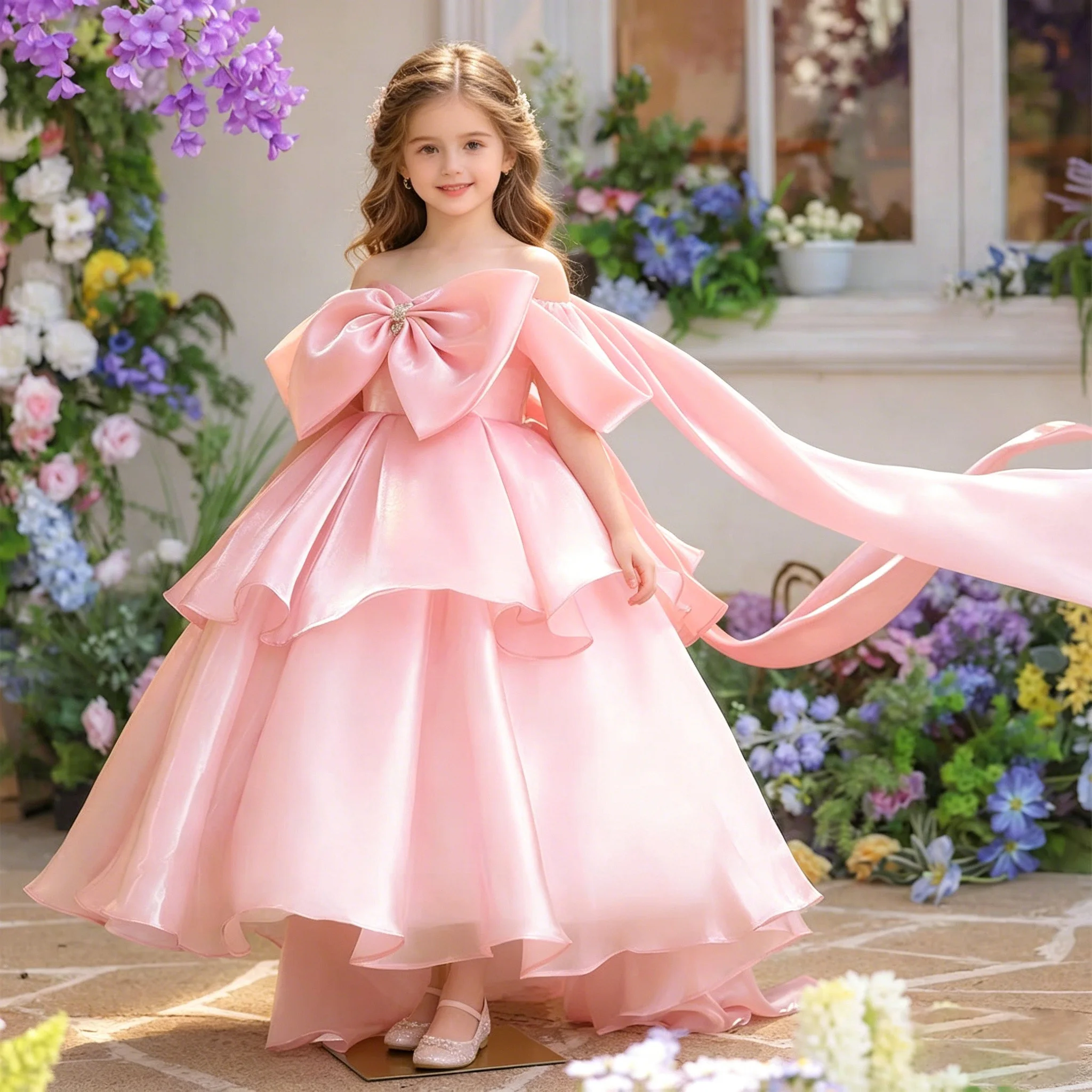 

Flower Girl Dress Pink Satin Puff Sleeve Fairy Tale Princess Style with Lace & Beading A-line skirt Kids Pageant Birthday Gown