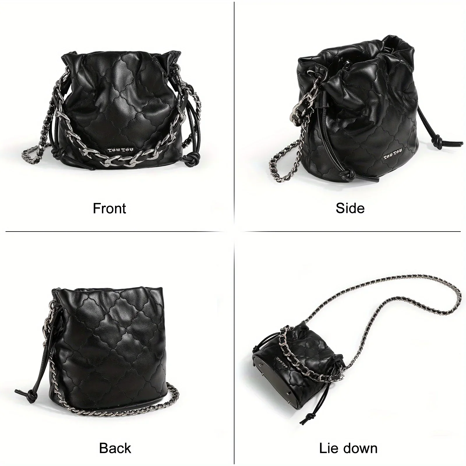 TOUTOU Women Bucket Bag Adjustable Strap Leather Texture Handbag Embroidery Line Hundred Chain Commuter Small Shoulder Bag