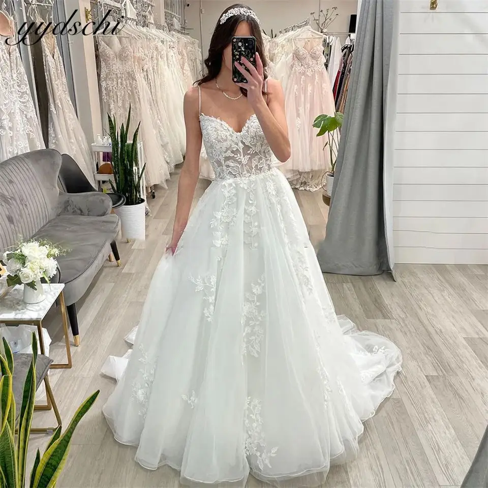 Vestidos de novia de tul con tirantes finos para mujer, con escote en forma de corazón traje Sexy, cola de corte, 2024