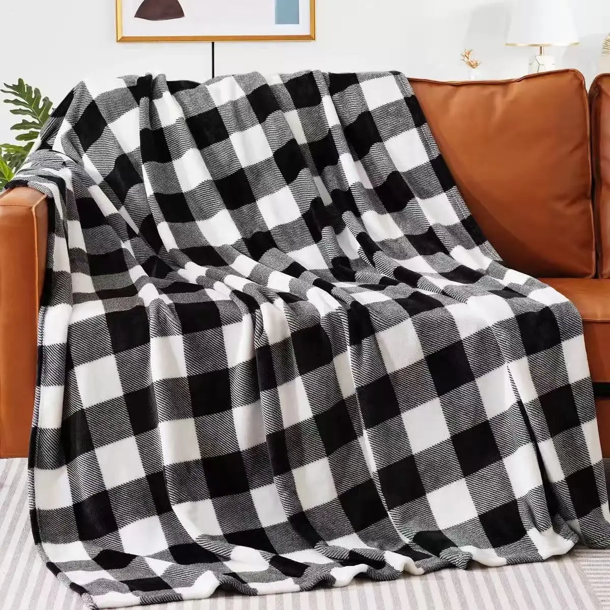 Throw Blanket Orange Black Buffalo Plaid Checked Pattern Cozy Bed Couch Blankets Halloween Holiday Party Decor Gift Blanket - view 4