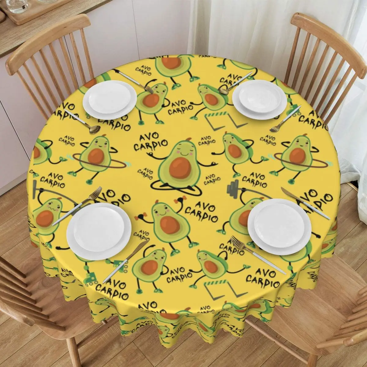 Custom Round Yellow Avo Cardio Funny Fitness Avocado Pattern Tablecloth Waterproof Oil-Proof Table Covers 60 inch Table Cloth