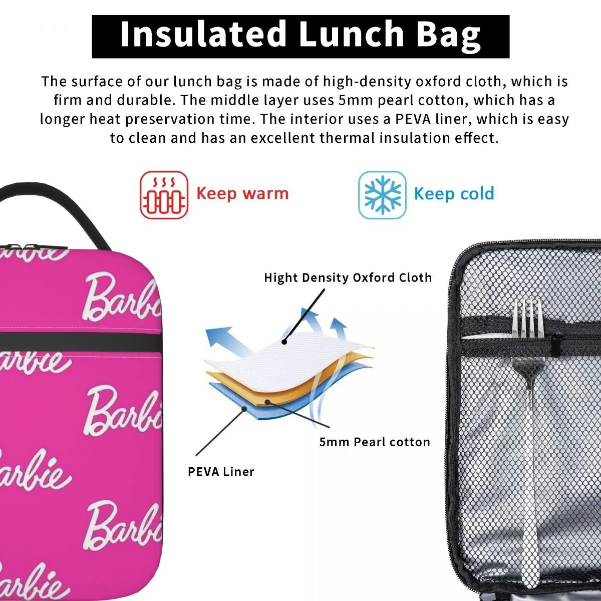 Cute Barbie Insulated Lunch Bags contenitore termico per pasti Logo Vintage Tote Lunch Box ad alta capacità Bento Pouch Office Travel