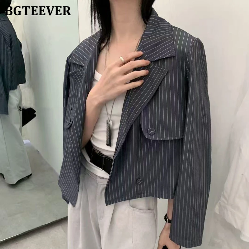 

BGTEEVER Stylish Notched Collar Ladies Striped Blazer Jackets Long Sleeve Female Double Breasted Suit Coats