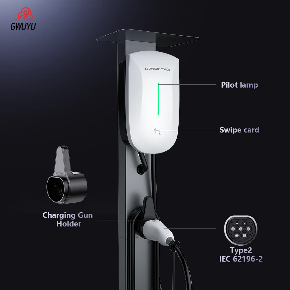 EV Charging Station GWUYU JZ30 Type 2 Swipe Charging 7.6KW 11KW 22KW 16A 32A 220V 380V Wallbox Electric Vehicle Car Charger APP