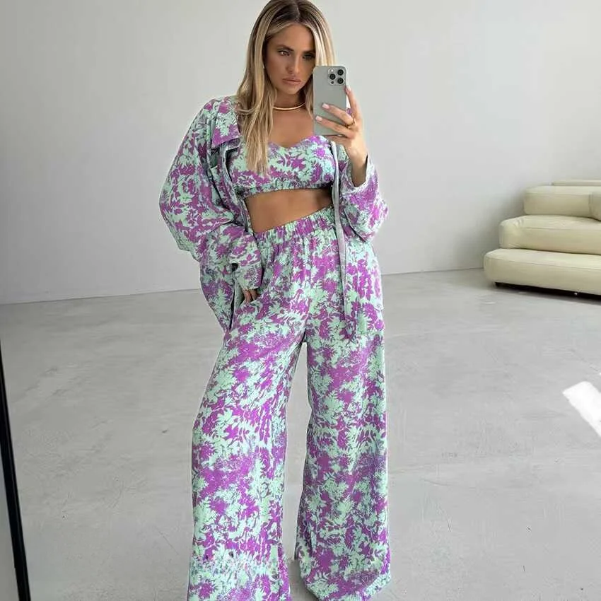 

Свободное нижнее белье с цветочным принтом, длинные брюки, комплект футболок, домашняя одежда, повседневные удобные пижамы для женщин