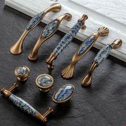 Blue Leaf hand painted ceramic handle and knobs Cupboard cabinet Knob drawer Dresser handles Closet pulls