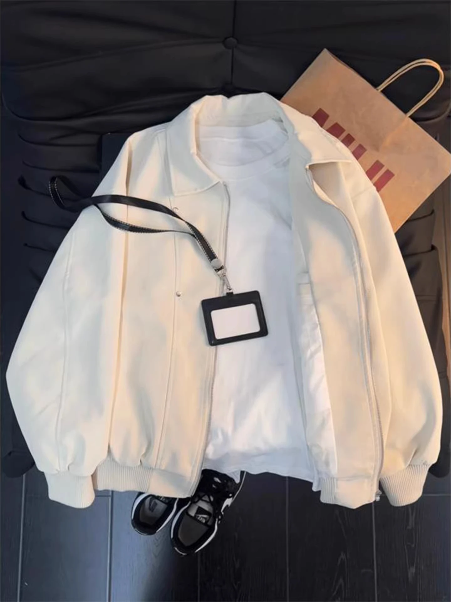

Spring Motorcycle Jaet for Men Rivet PU Leather ort Flip Collar Baseball Vest Loose Fit Long Sve Windproof Youthful