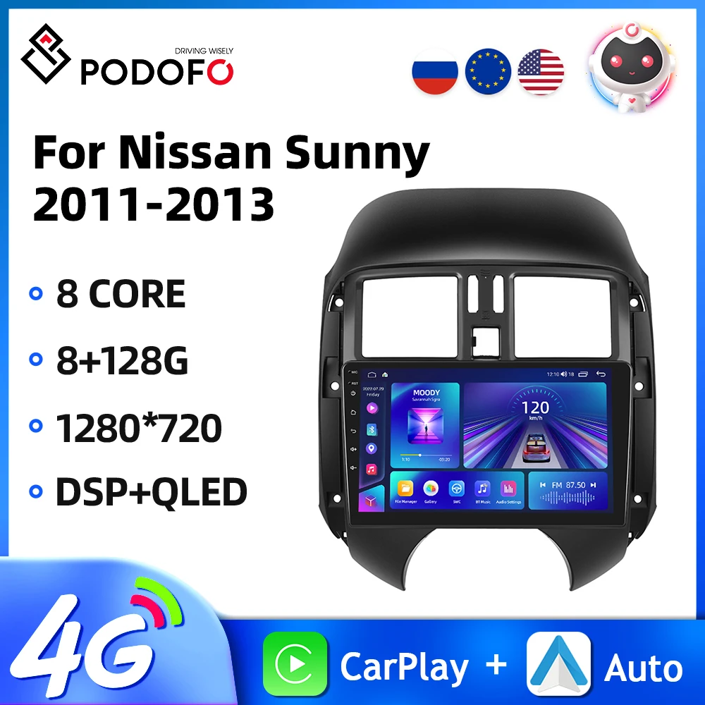 Podofo 8Core WIFI 4G Car Radio For Nissan Sunny 2011-2013 Multimedia Player Carplay Android Auto GPS Navigation DSP Car Stereo