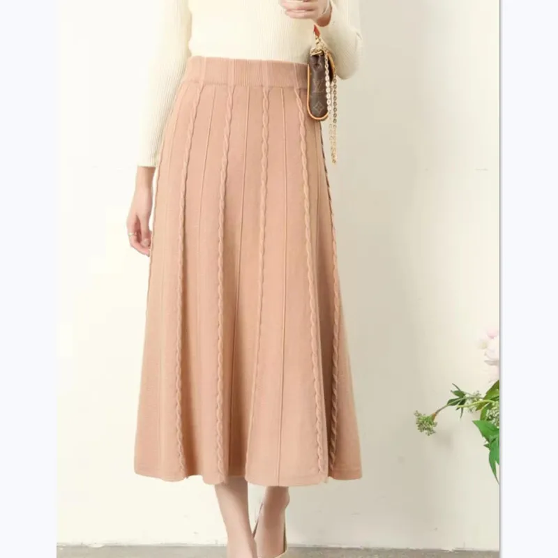 

Women's Autumn and Winter 2024 New Style Knit Solid Color Umbrella Skirt High-waisted Slimming A-Line Long Dress Elegance LJ190