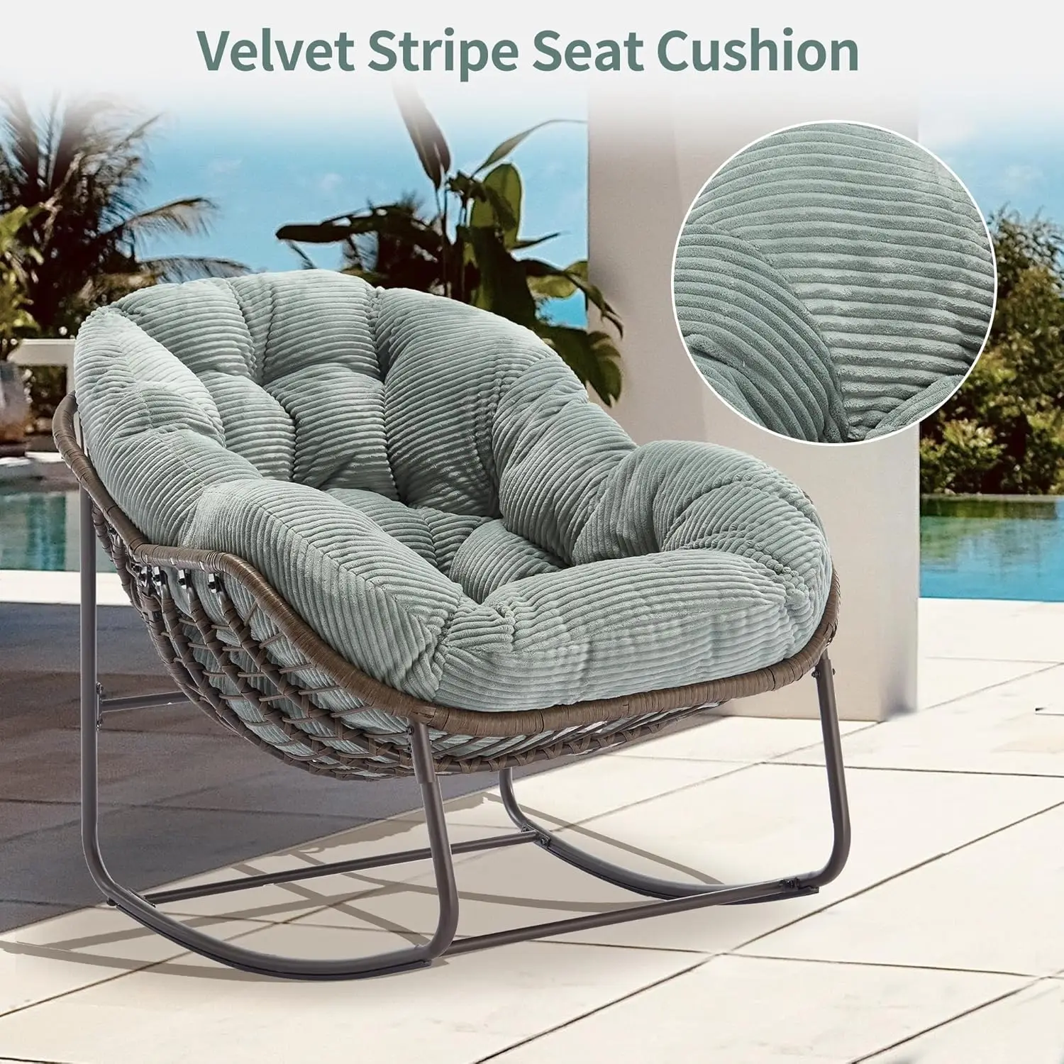 Outdoor Papasan Rocking Chair - Oversized Comfy Patio Chair, Green Egg Rattan Rocker with Velvet Cushion for Porch, Lawn, Living