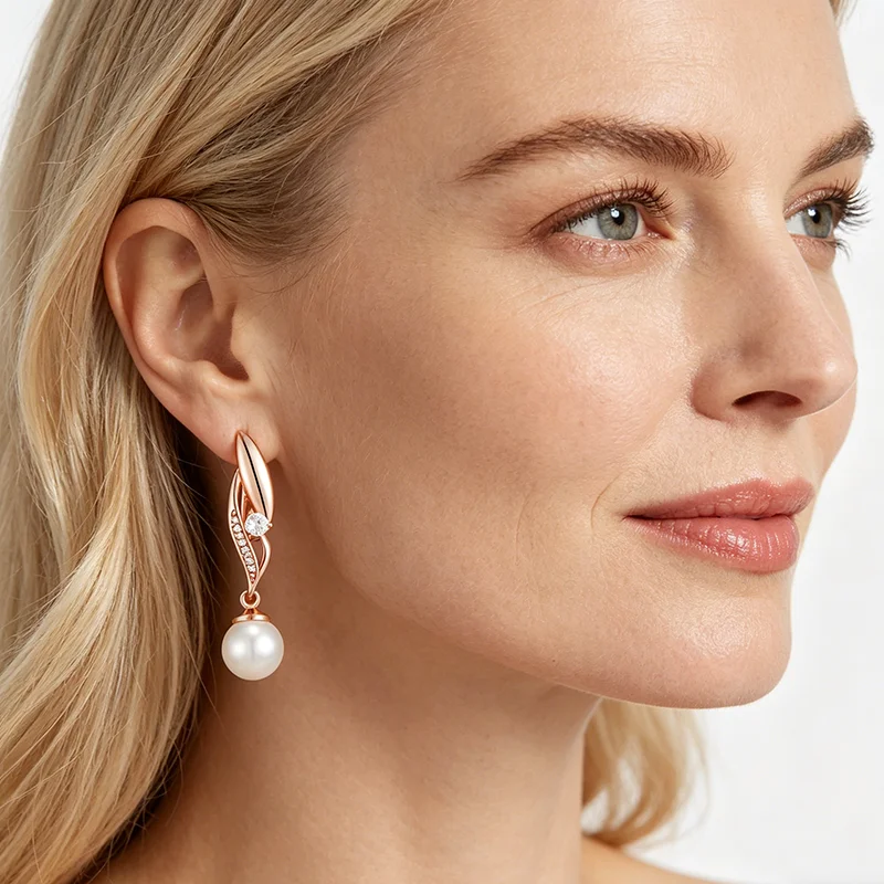 Kinel Einzigartige geometrische, glänzende, lange Perlen-Tropfenohrringe für Damen, luxuriöse 585er-Roségoldfarbene Accessoires, Party- und Alltags-Edelschmuck