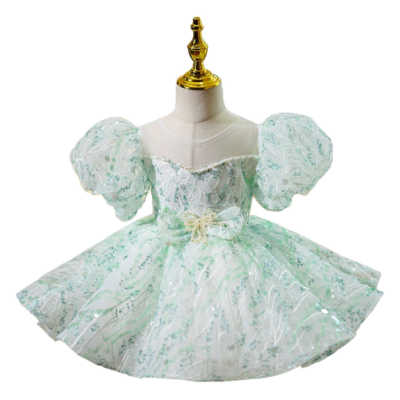 Bling Green Sequin Princess Ball Gown for Girls, Knee-length, Birthday, Carnival, Pageant Party, Cute, 1-14 Year Kids