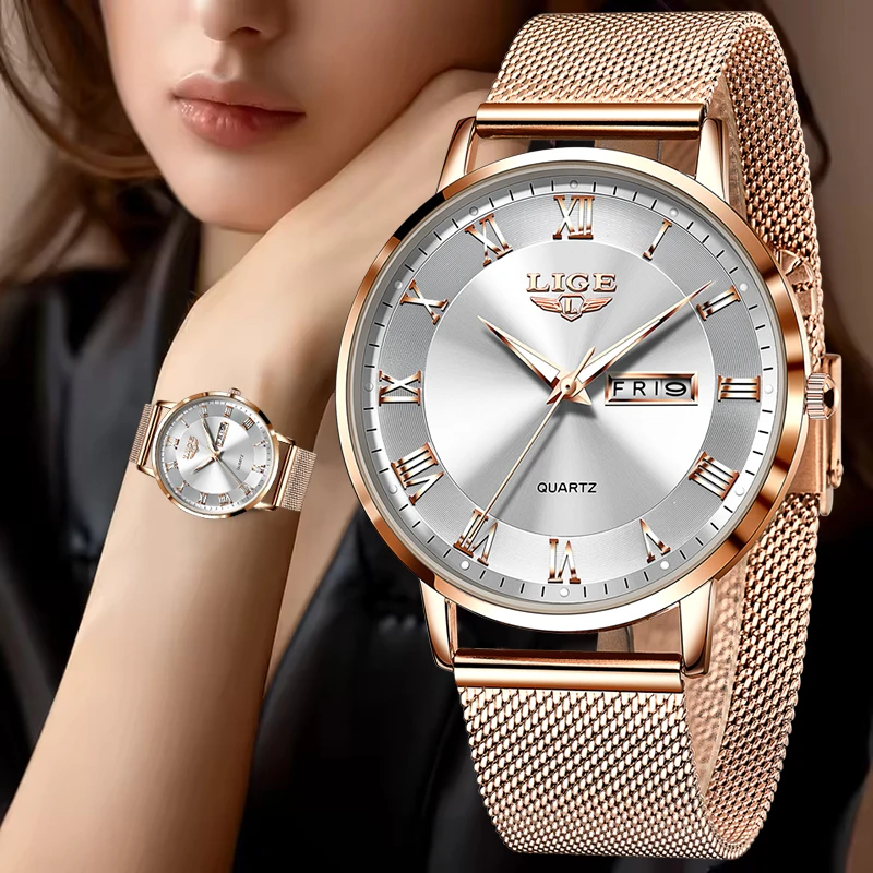 

LIGE Ladies Watches New Luxury Fashion Rose Gold Women's Bracelet Watch Female Waterproof Quartz Wristwatch Clock Reloj Mujer