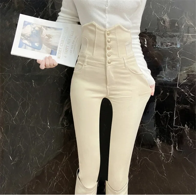 

High Waist Stretch Skinny Jeans Women Korean Slim Button Fly Pencil Denim Pants Design Fashion Beige Legging Vaqueros New N254