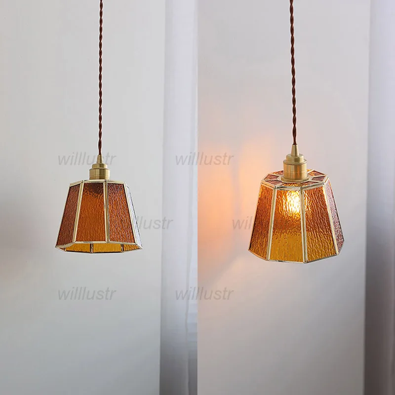 Vintage Brass Glass Pendant Lamp Water Ripple Bubble Suspension Light Hotel Cafe Bar Handmade Polygon Hanging Ceiling Chandelier