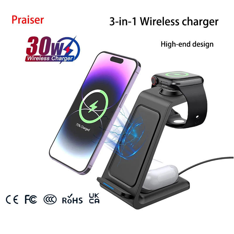 حامل شاحن لاسلكي سريع LED 30 وات محمول 3 في 1 محطة شحن لهاتف iPhone 15 14 13 12 11 Apple Watch 9 8 7 6 Airpods Pro