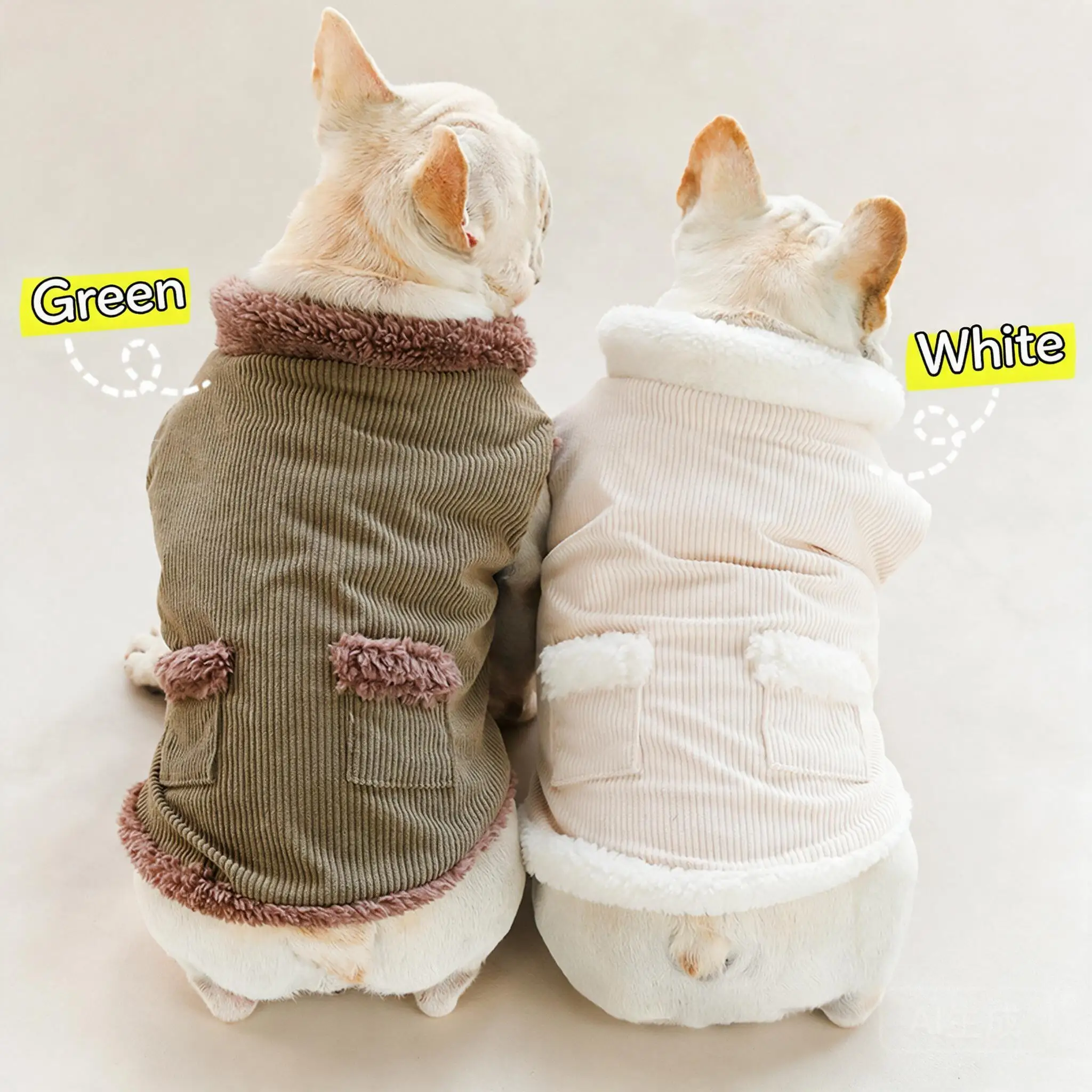Chaleco de invierno para perros, de pana, con forro polar grueso, de estilo informal, ideal para el clima frío, chaqueta para mascotas, para bulldogs franceses, perros pequeños y perros de raza teddy, en color verde y blanco.