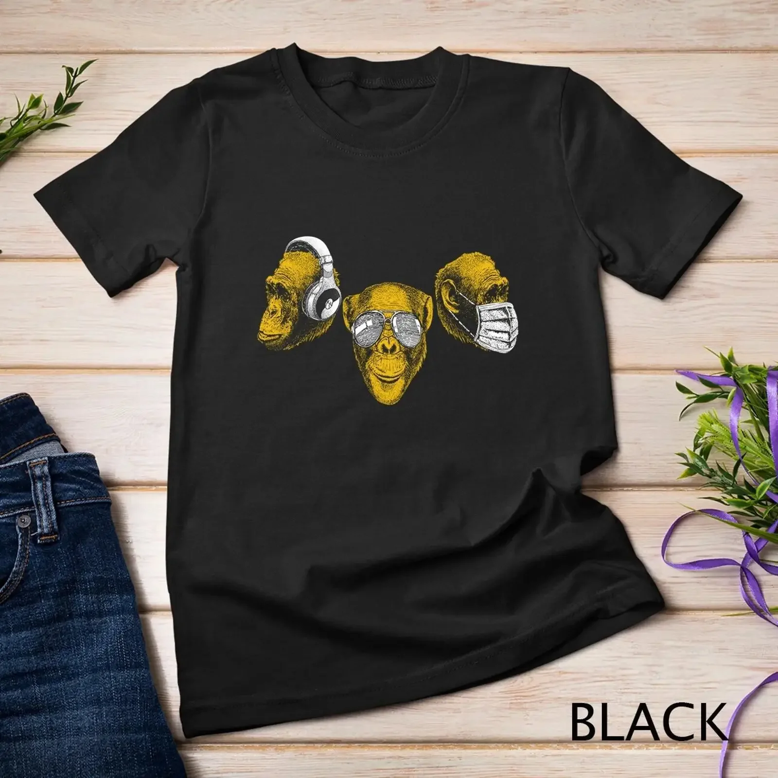 Three Chimpanzee Heads Wise Monkey Speak Hear See No Evil T shirt vintage Washed Casual Top For Everyday Wear graphic fashion
