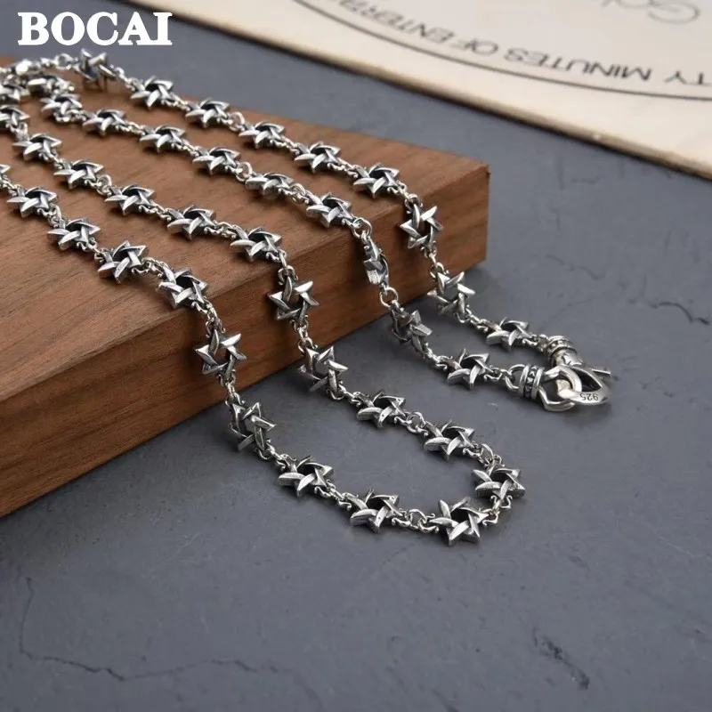 BOCAI Real Pure S925 Silver Necklace Man and Woman  Tide Brand Hexagram Personality Fashion Hip-Hop Punk Jewelry