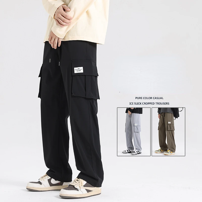 

New Autumn Casual Cool Silk Workwear Pants Men Summer Big Size American Fashion Pockets Loose Drape Wide Leg Cargo Pants Man