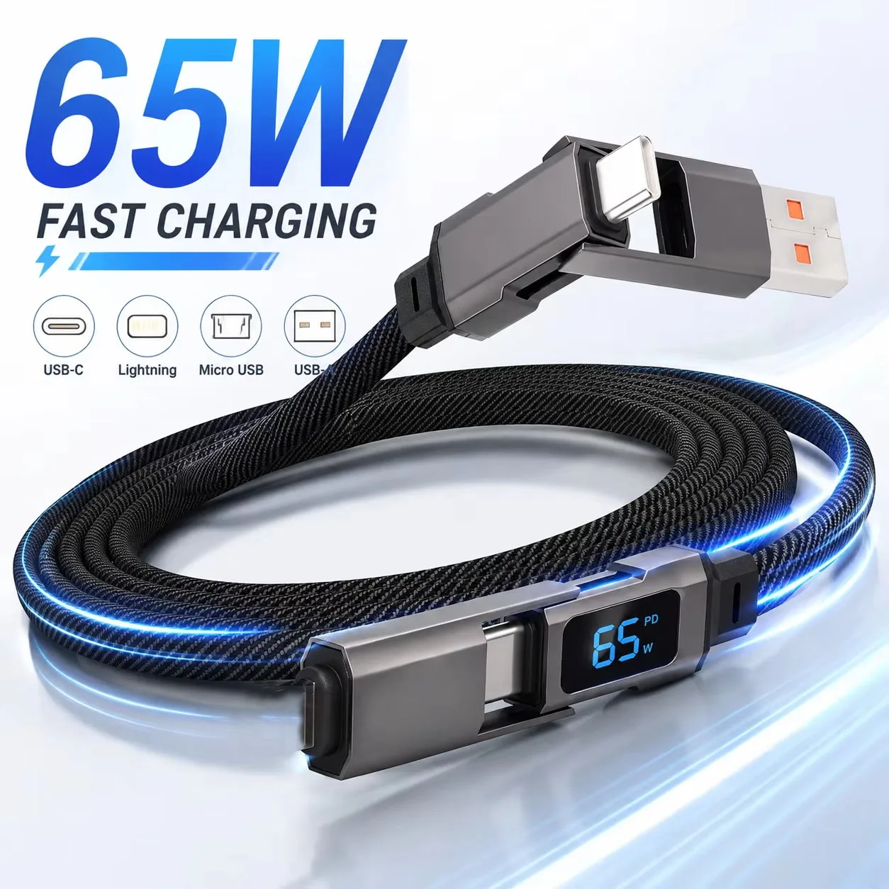 4-in-1 Multi Charger Cable with Keychain, 65W USB C Fast Charging Cord  LED Digital Display USB A/Type C/For Phones, Laptop