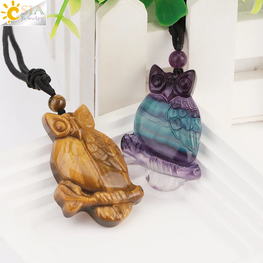 CSJA Natural Stone Owl Pendant Man Necklace Healing Fluorite Crystal Carved Animal Statue Necklaces for Women Jewelry H308