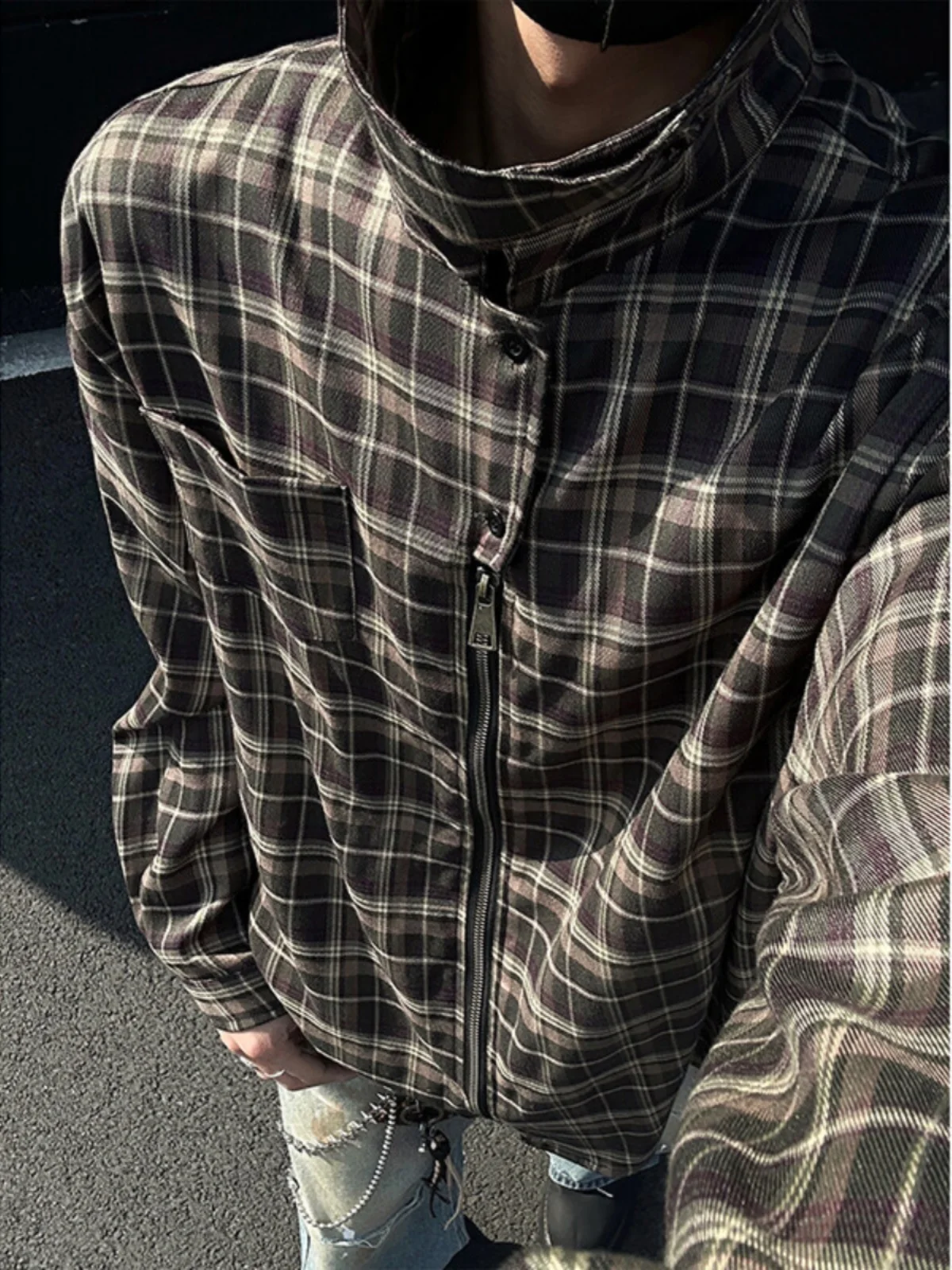 

American Style Plaid Shirt Men's Spring Autumn Long Sleeve Loose Fit Outerwear Retro Design Cleanfit Jacket Polyester Fiber