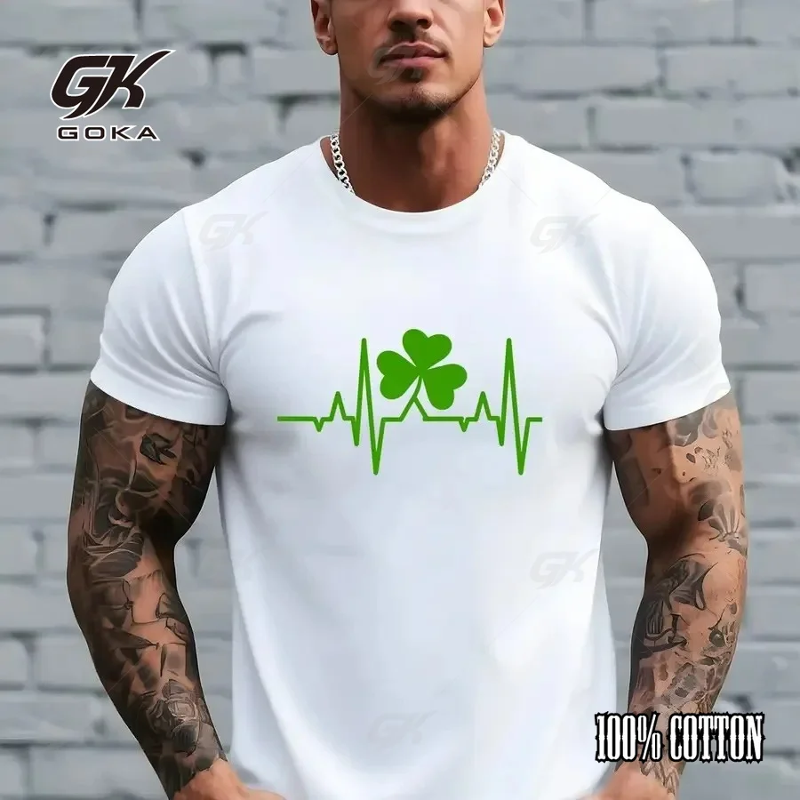St. Patrick's Day Shamrock Heartbeat T-Shirt Green Irish Clover Casual Cotton Short Sleeve Tee Unisex Crew Neck Tops