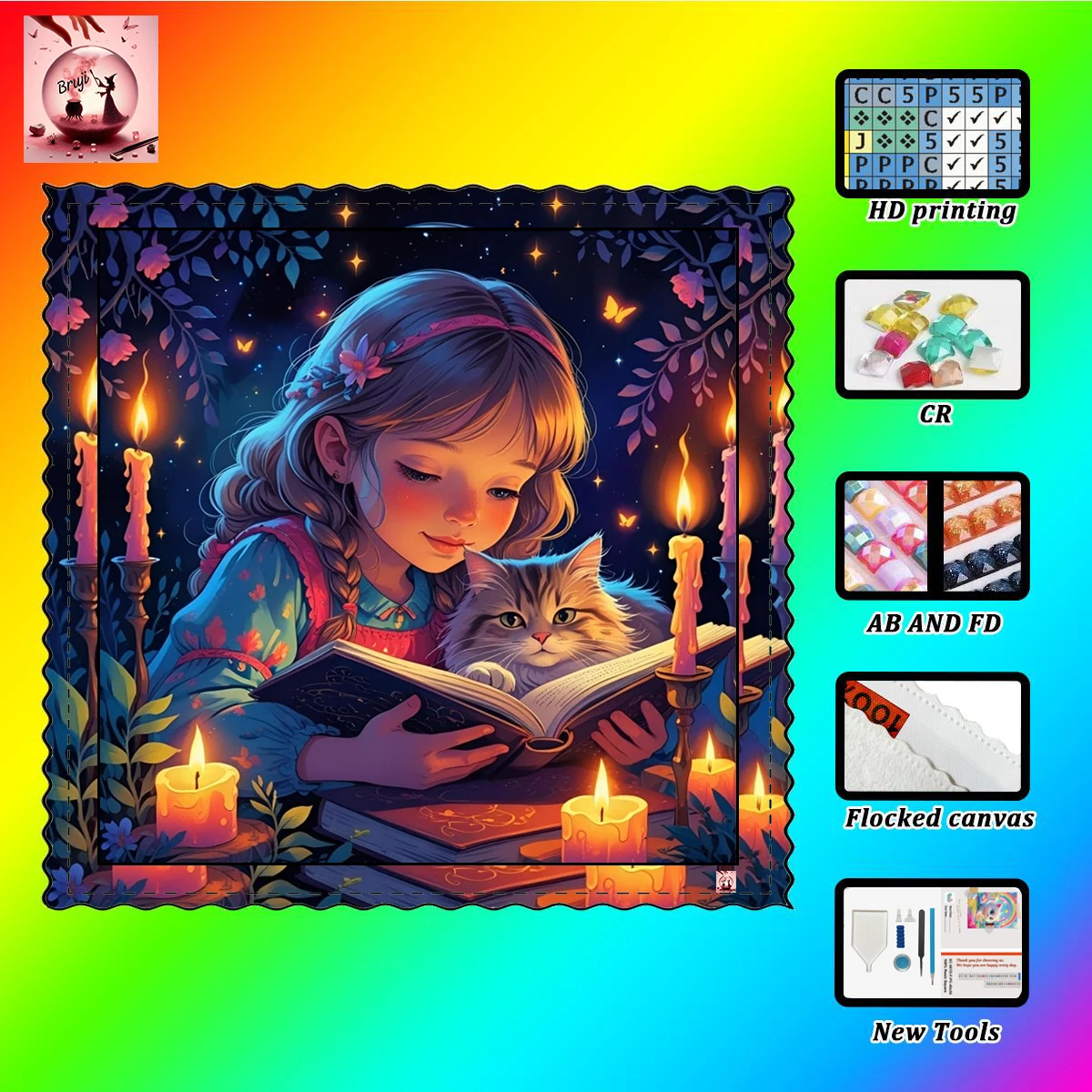 【mBruji_ Diamond Art】La chica leyendo y la bruja del gato Diamante de imitación Cristal AB Diamante de imitación FD Diamante de resina perfecta