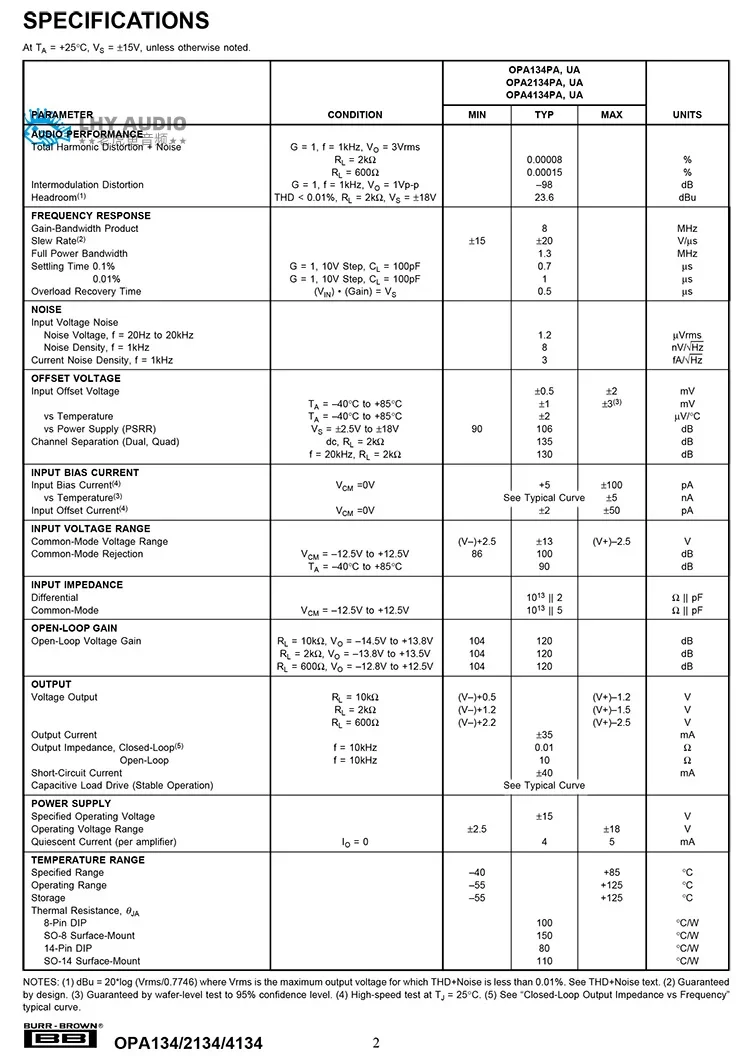 OPA134PA Direct Insertion Single Operation Amplifier DIP8 American TI BB Fever Audio IC Operational Amplifier