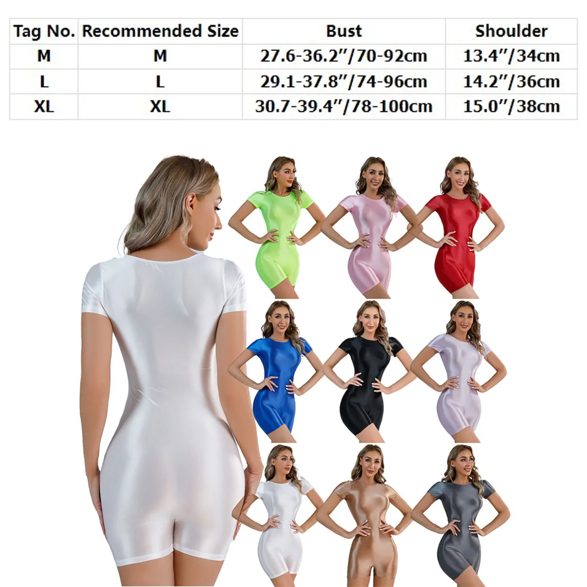 Women Glossy Bodysuit Oil Shiny Smooth Short Sleeve One-Piece Shorty Unitard Swimsuit Swimwear Nightclub Party Tights Clubwear