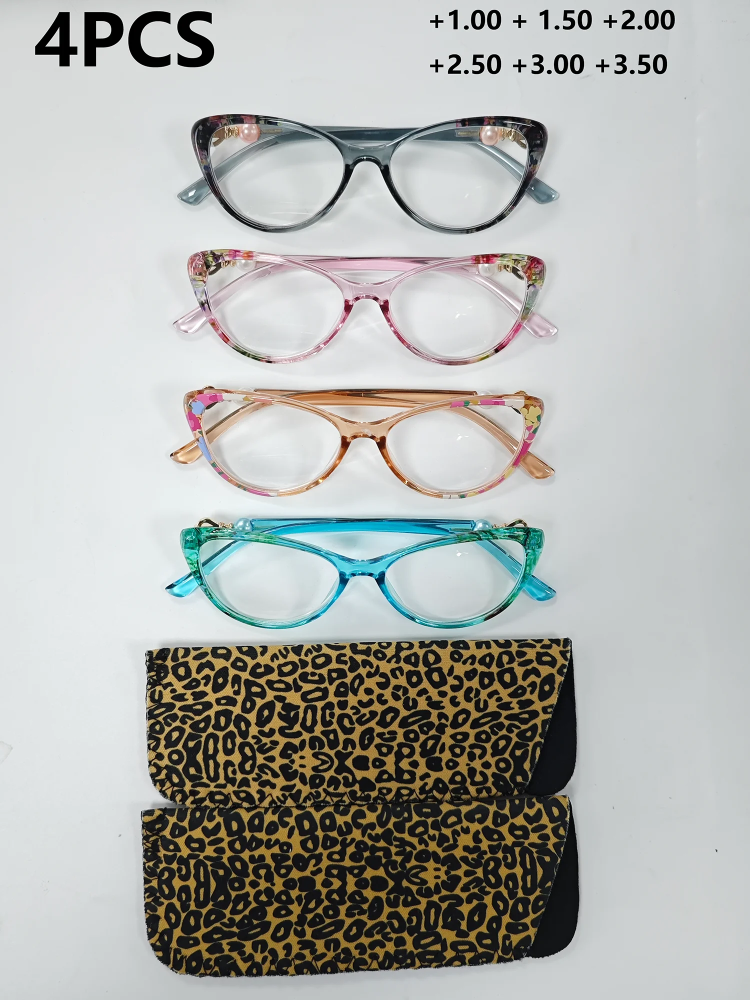 

4PCS Fashion Cat-eye Reading Glasses with Metal Hinges And Pearl Decorations Stylish And Functional Vision Correction Set