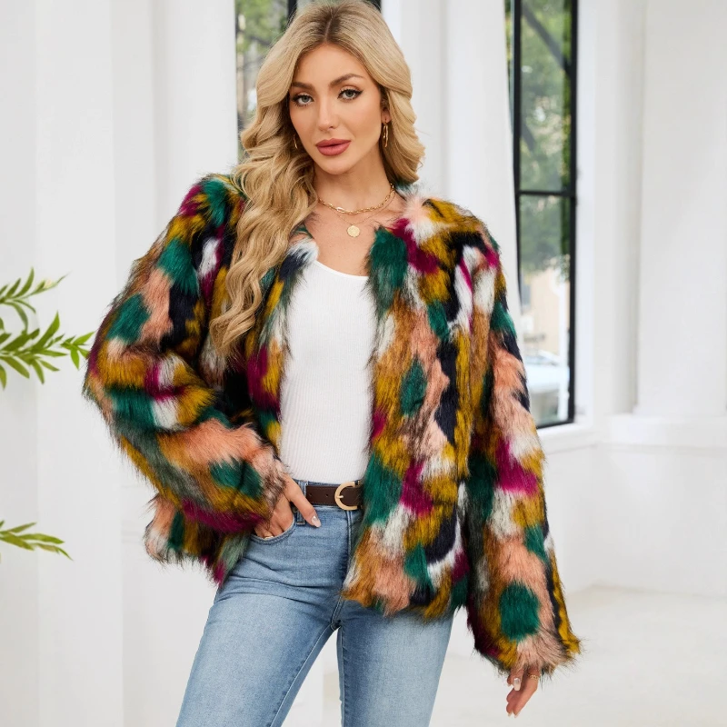 Women Faux Fur Coats Jackets Round Neck Full Sleeve Print Coat Thick Warm Y2k Streetwear Jacket Work Outerwear Autumn Winter