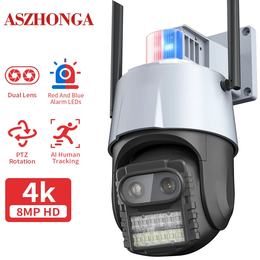 

ASZHONGA 8MP 4K WiFi Camera 8X Zoom Security Surveillance Linkage Floodlight Auto Tracking Dual-Lens Work with ICSee APP