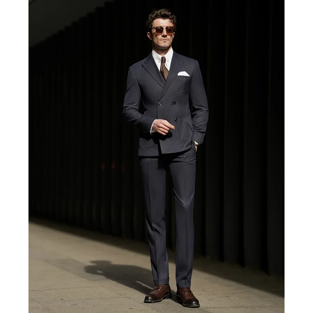 

Chic Black Men's Suits 2 Piece Double Breasted Peak Lapel Men Clothing Smart Casual Wedding Tuxedo Male Suit (Jacket+Pants)