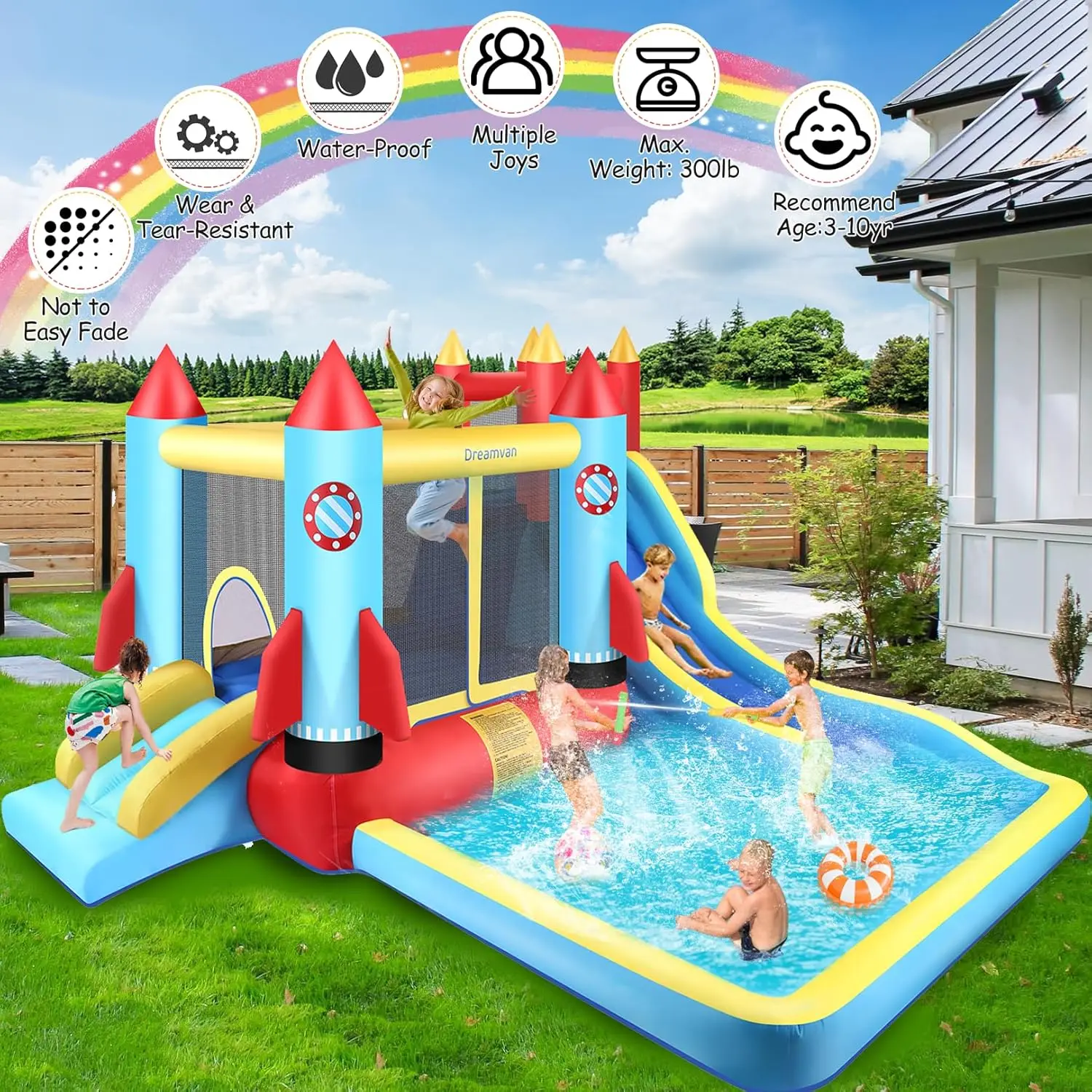 บ้านเด้งเป่าลมบ้านกระโดดและสาดบ้านเด้งสำหรับเด็กที่มีสระว่ายน้ำขนาดใหญ่และพื้นที่เด้งและสไลด์น้ำ2อันและกำแพงปีนเขา