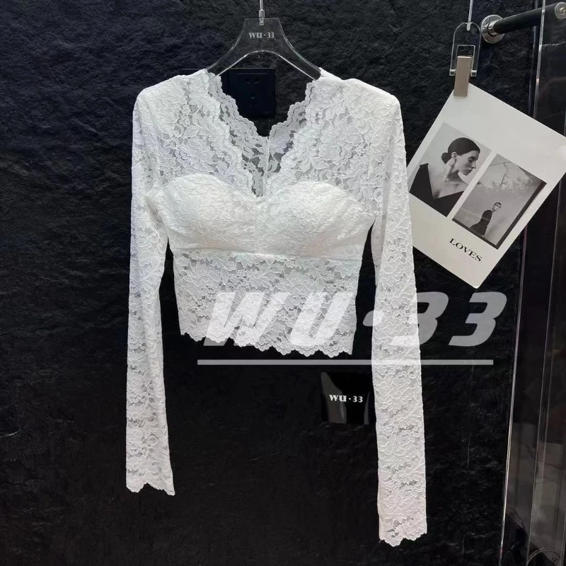 

Long Sleeve Lace Temperament Short Tops Spring Autumn New V Neck All-match Youth Elegant T Shirts Fashion Trend Women Clothing