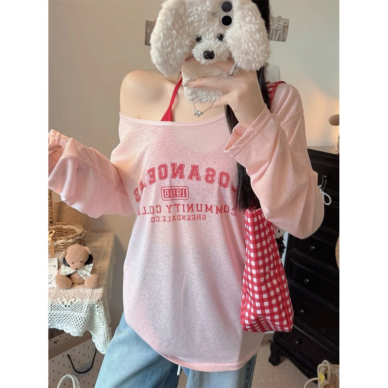 Korean Style Long Sleeve T-Shirt Shoulder Bared Summer Thin Loose Sun Protection Cover up Printed Sweet And Spicy Girl Fashion