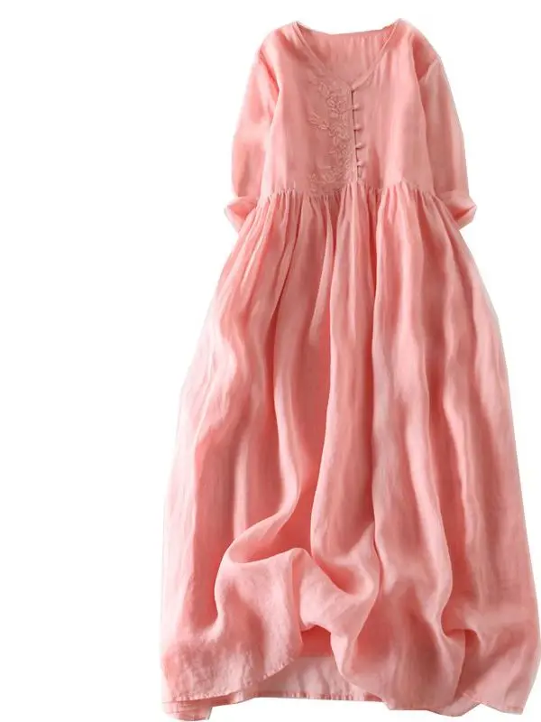 Summer Large Size Lazy Style Embroidered Dress Mid-Sleeve A-Line Maxi Skirt Women Casual Straight Tube Top V-Neck Midi Dress 5